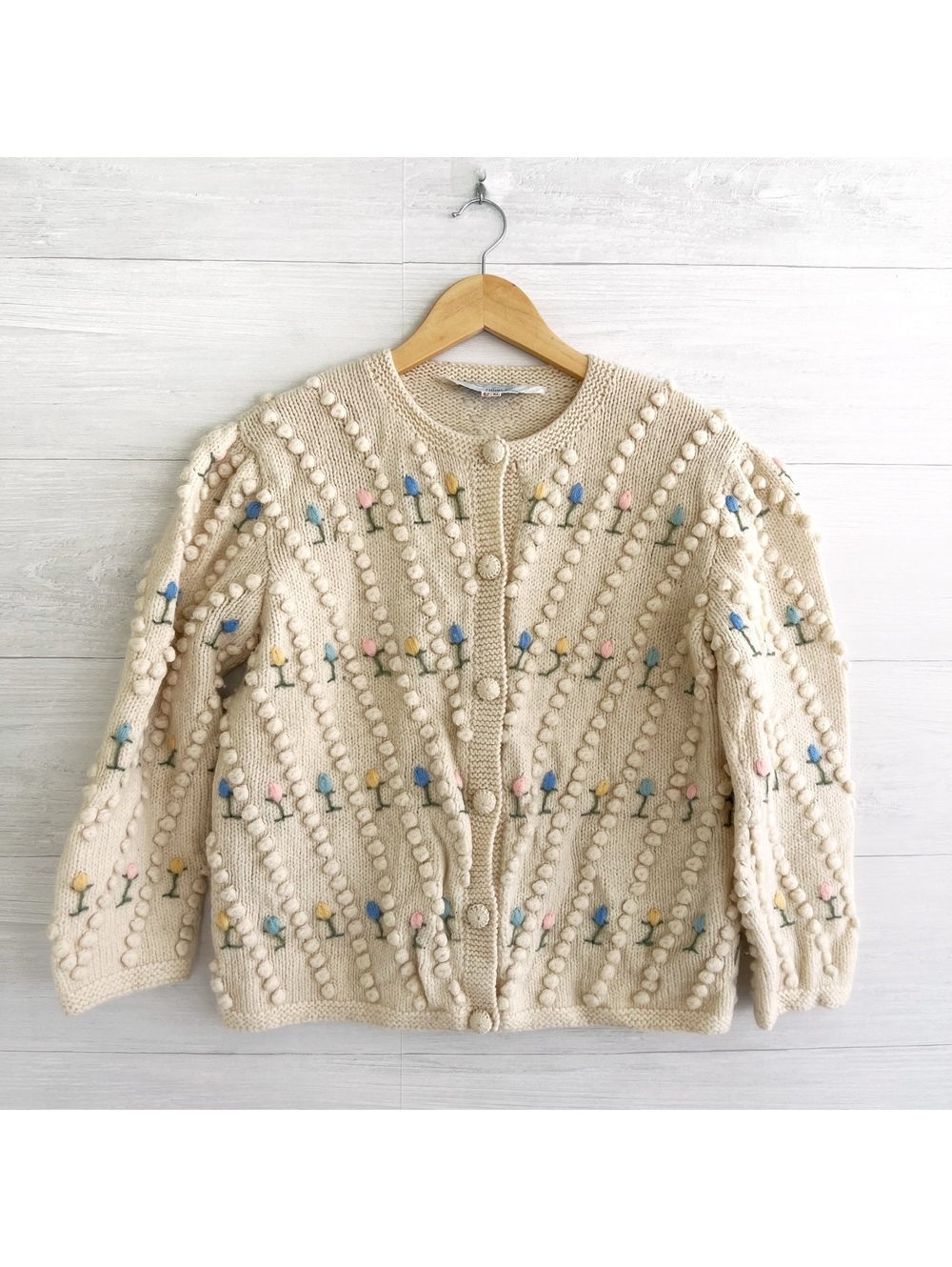 Vintage Chung Kiu Ivory Bobble Floral Embroidered Cardigan XL Cottagecore